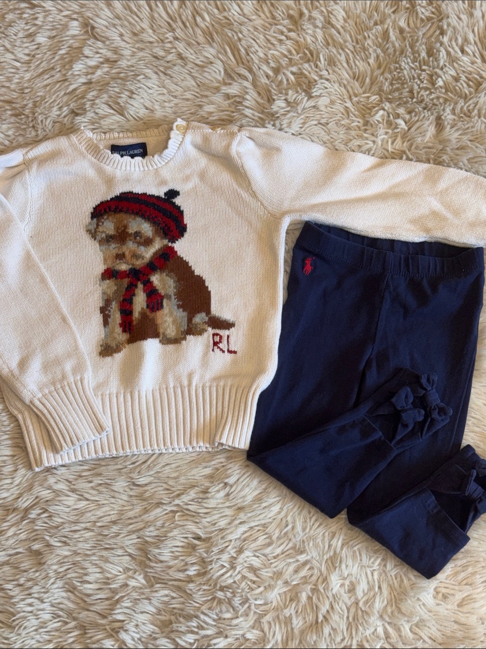 🐎 🐶 Ralph Lauren Cream Puppy Intarsia Sweater with Navy Leggings 4T